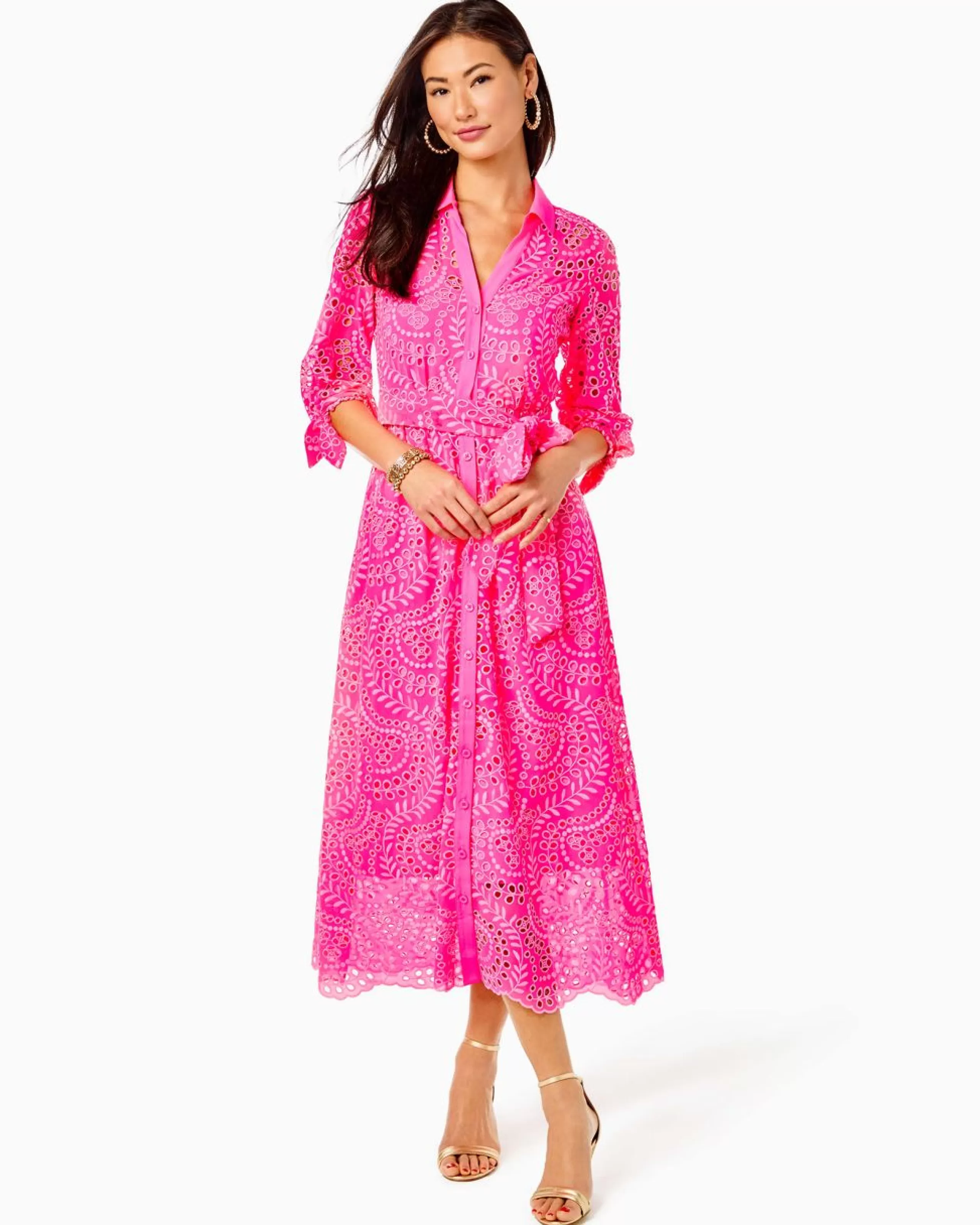 New Lilly Pulitzer Amrita Midi Shirtdress Pink Isle Swirly Fern Scalloped Eyelet