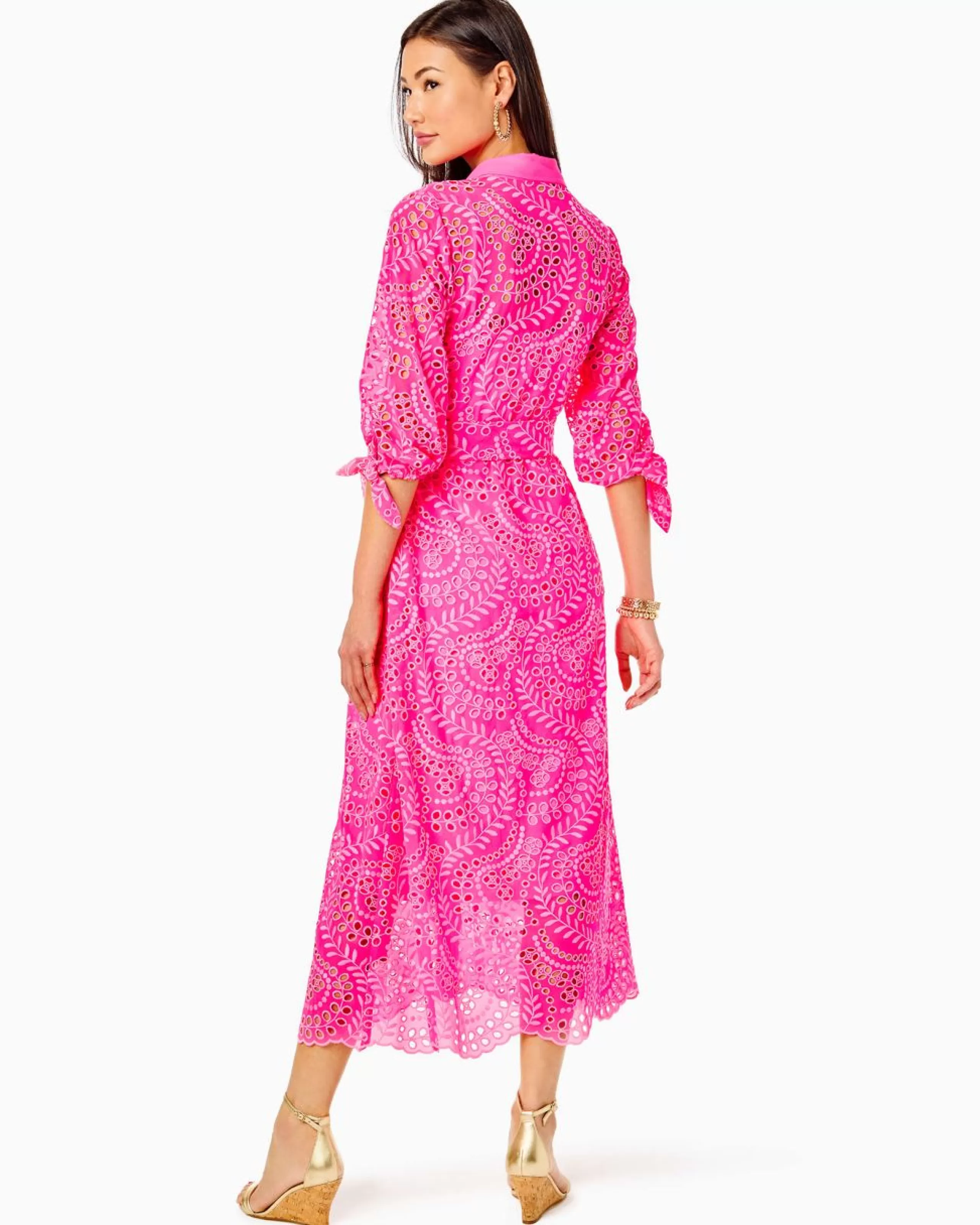 New Lilly Pulitzer Amrita Midi Shirtdress Pink Isle Swirly Fern Scalloped Eyelet