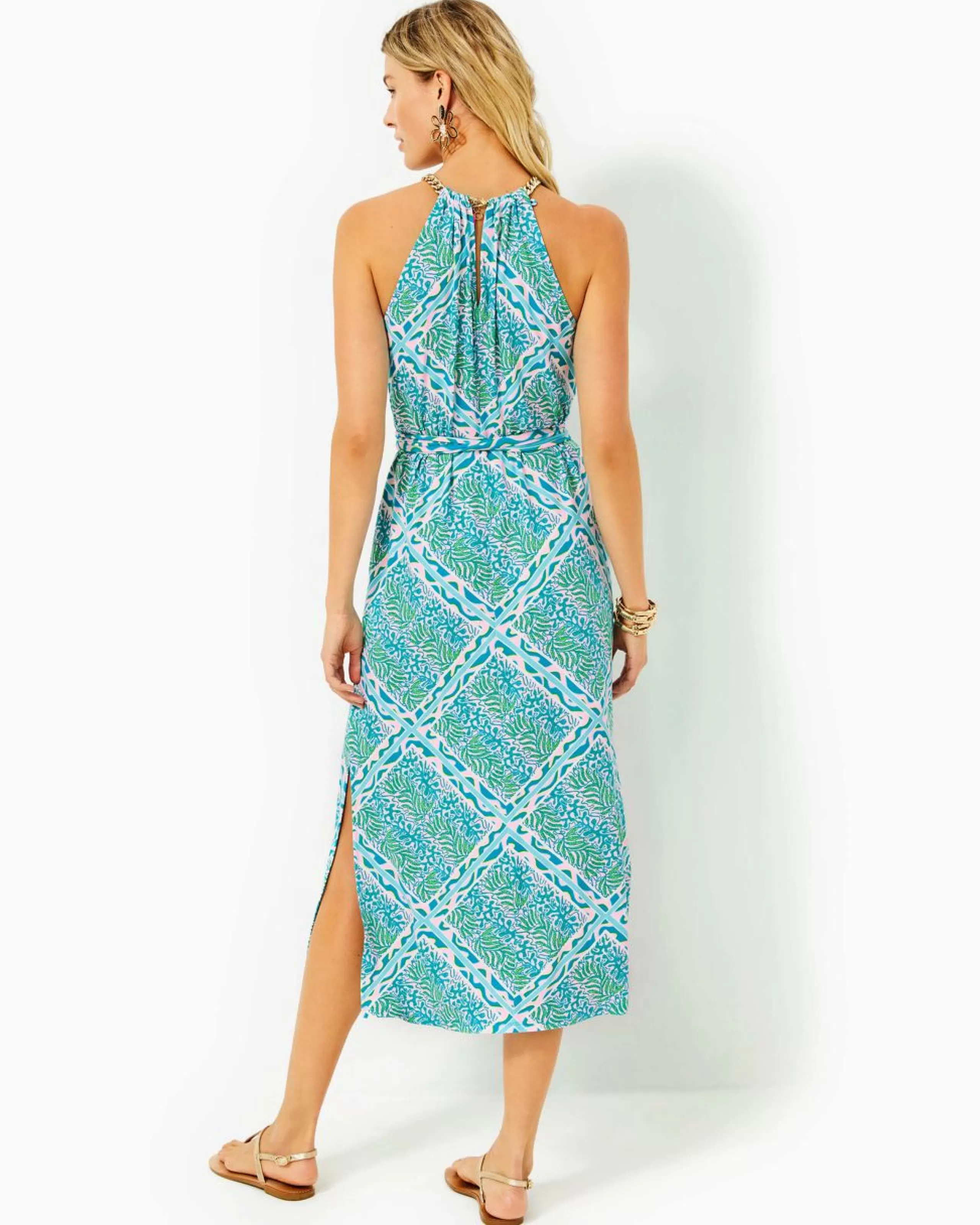 Best Sale Lilly Pulitzer Bingham Halter Midi Dress Prism Blue Good Greef Engineered Knit Dress