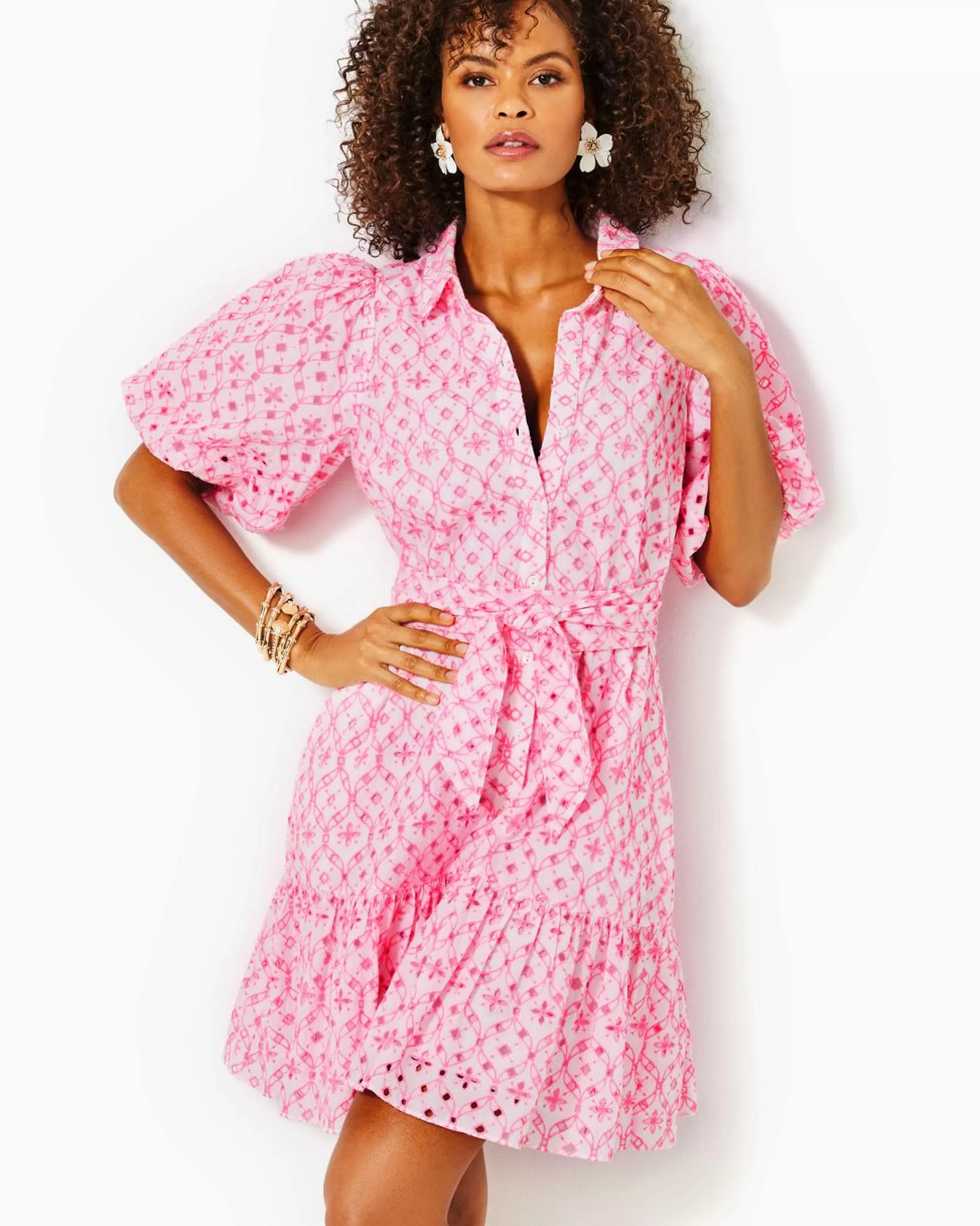 Cheap Lilly Pulitzer Cartley Elbow Sleeve Eyelet Shirtdress Resort White X Havana Pink Flutter Eyelet