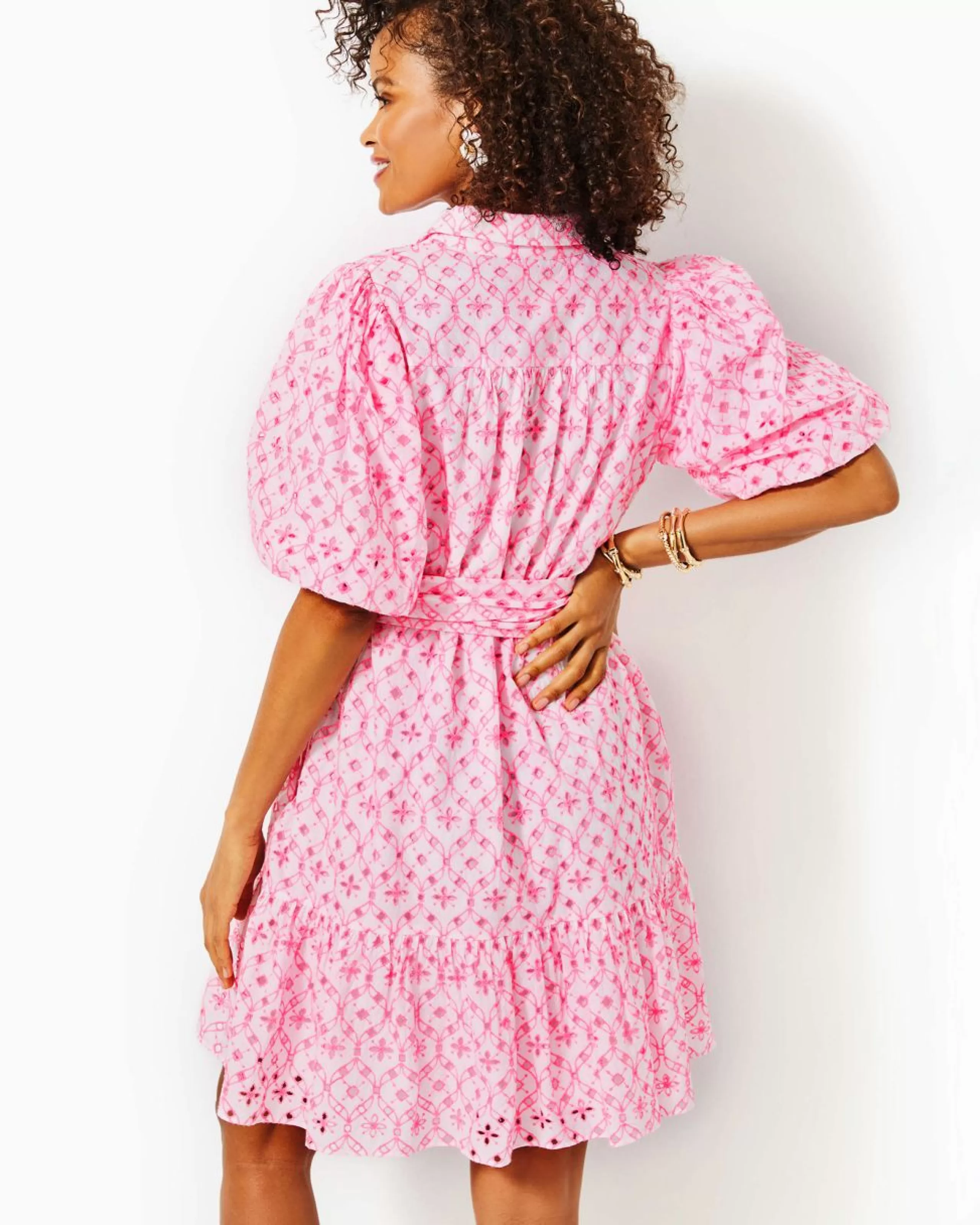 Cheap Lilly Pulitzer Cartley Elbow Sleeve Eyelet Shirtdress Resort White X Havana Pink Flutter Eyelet