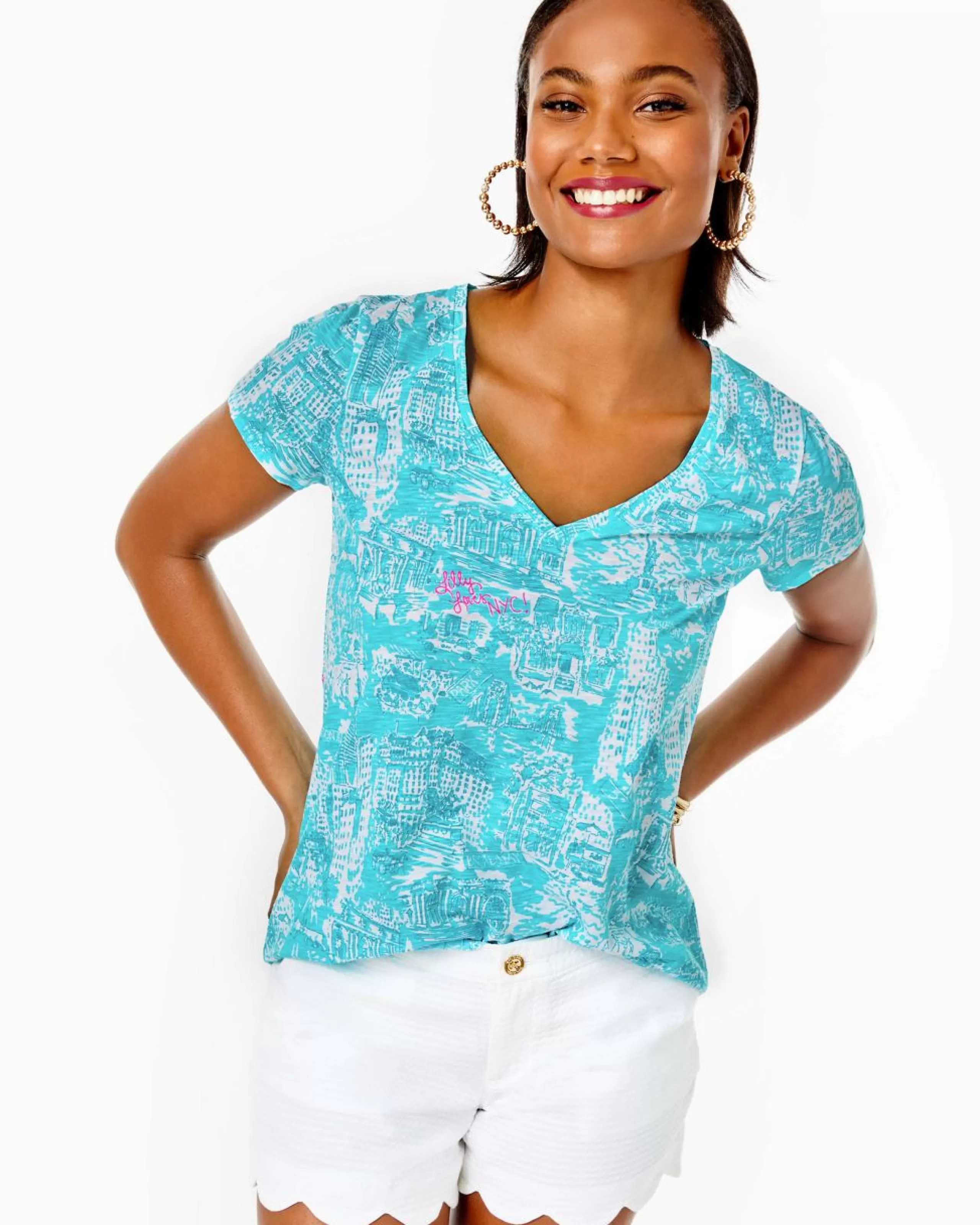 Best Sale Lilly Pulitzer Etta V-Neck Top Shorely Blue Nyc Toile