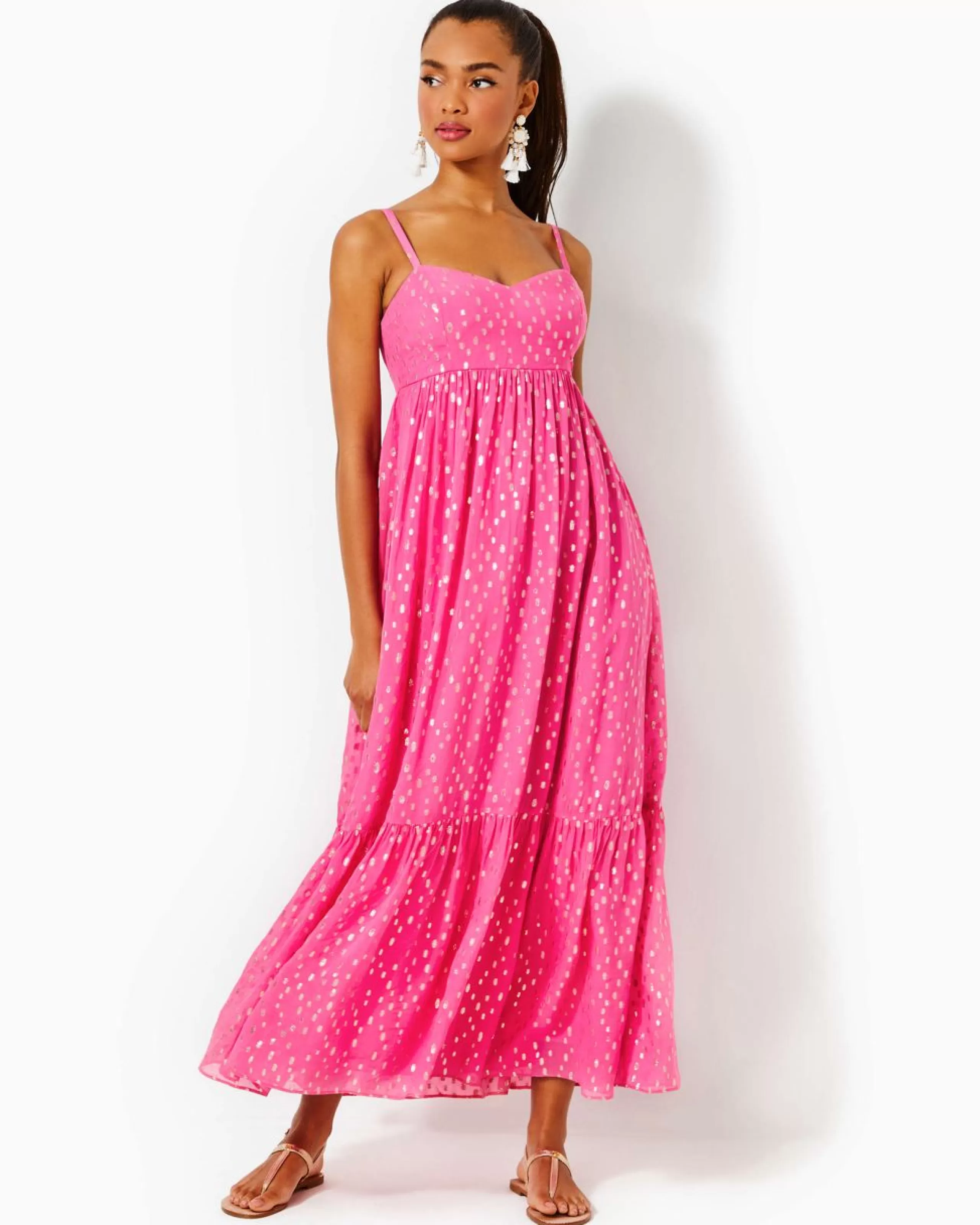 Best Lilly Pulitzer Hiedi Maxi Dress Aura Pink Viscose Metallic Clip Dobby