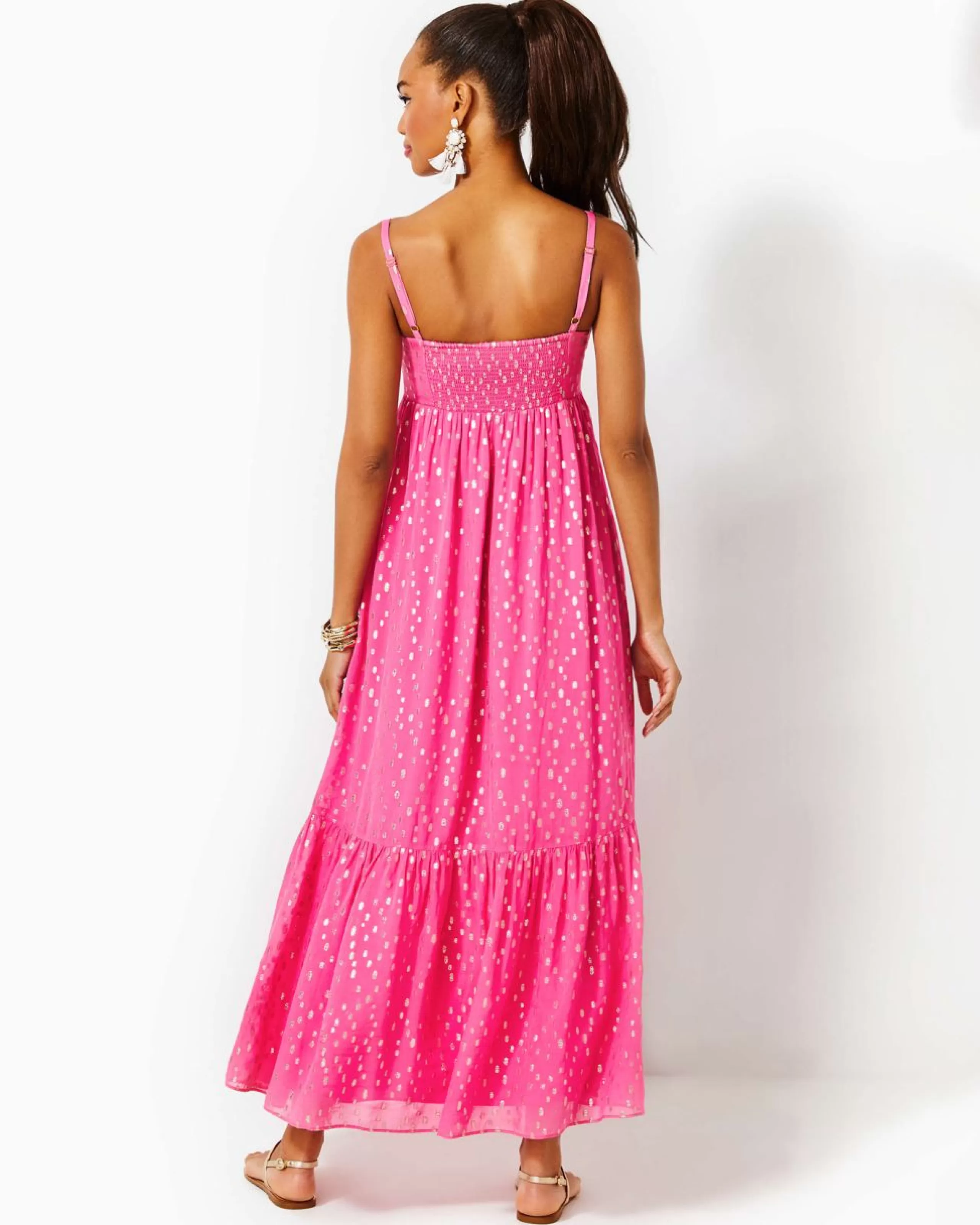 Best Lilly Pulitzer Hiedi Maxi Dress Aura Pink Viscose Metallic Clip Dobby