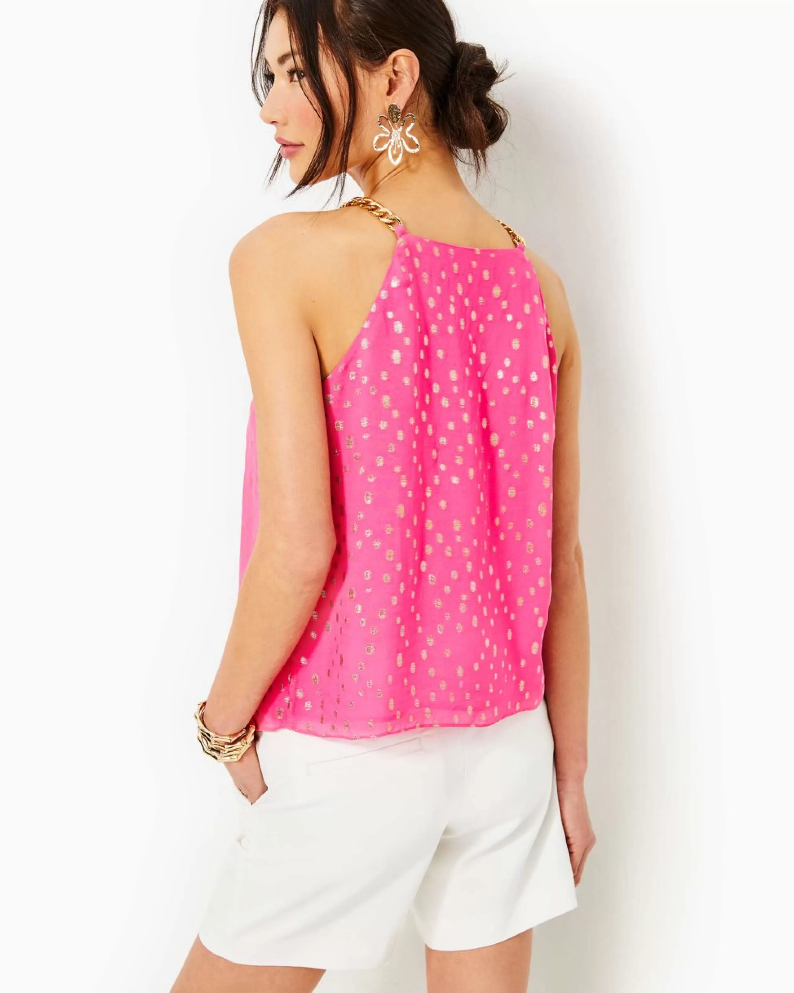 Fashion Lilly Pulitzer Joannah Top Aura Pink Viscose Metallic Clip Dobby