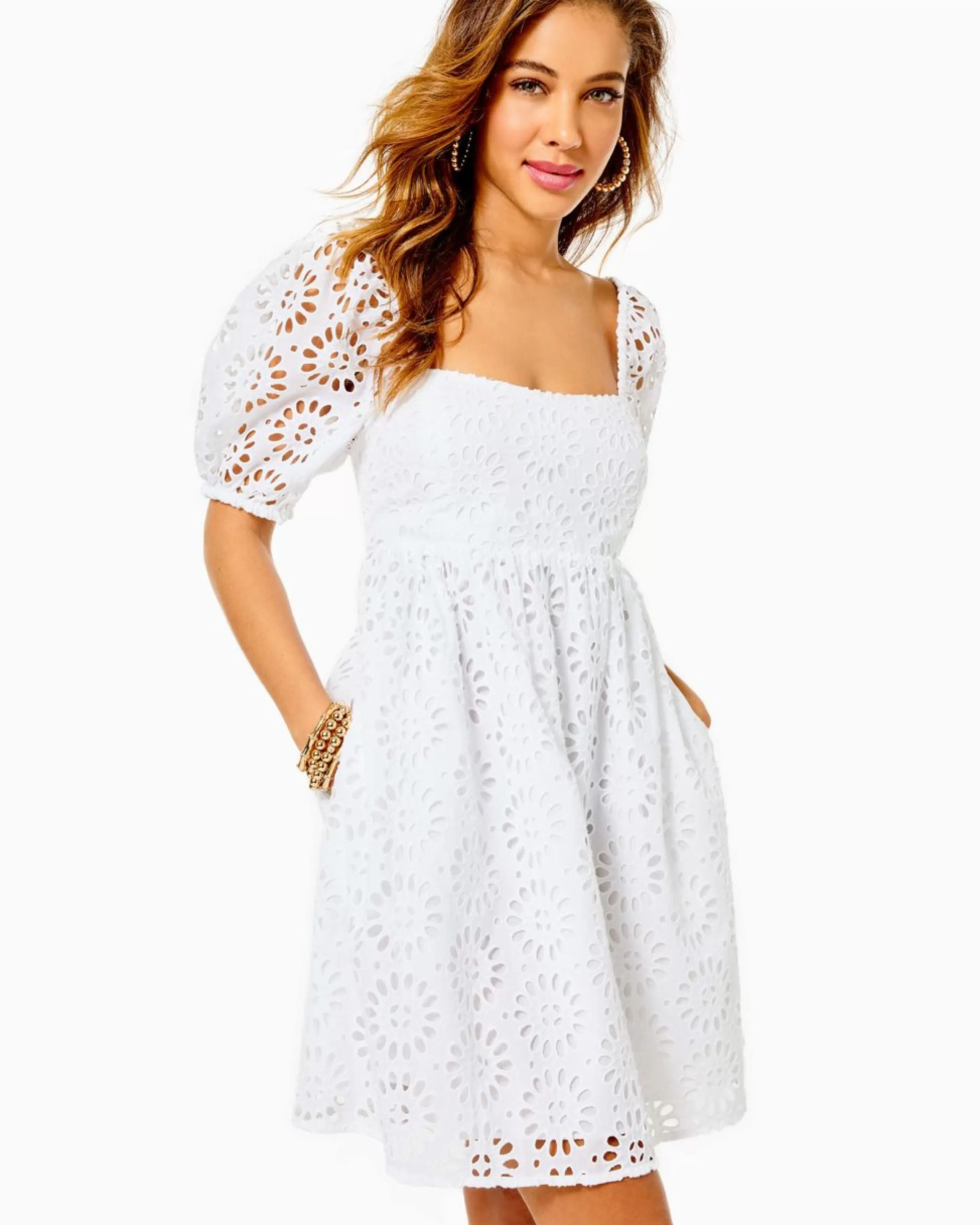 Cheap Lilly Pulitzer Kay Short Sleeve Eyelet Dress Resort White Oversized Pinwheel Eyelet