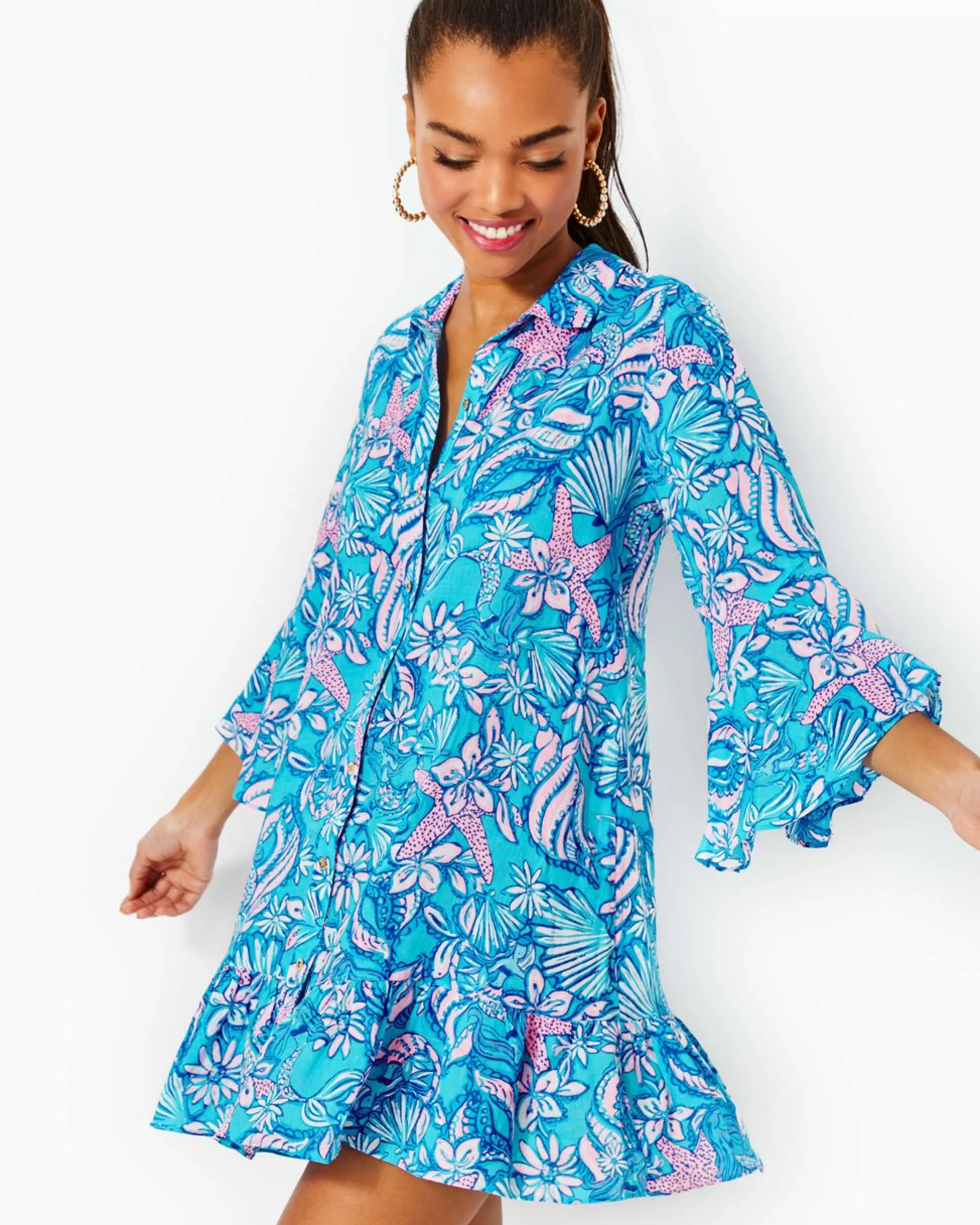 Hot Lilly Pulitzer Linley Collared Cover-Up Amalfi Blue Sound The Sirens