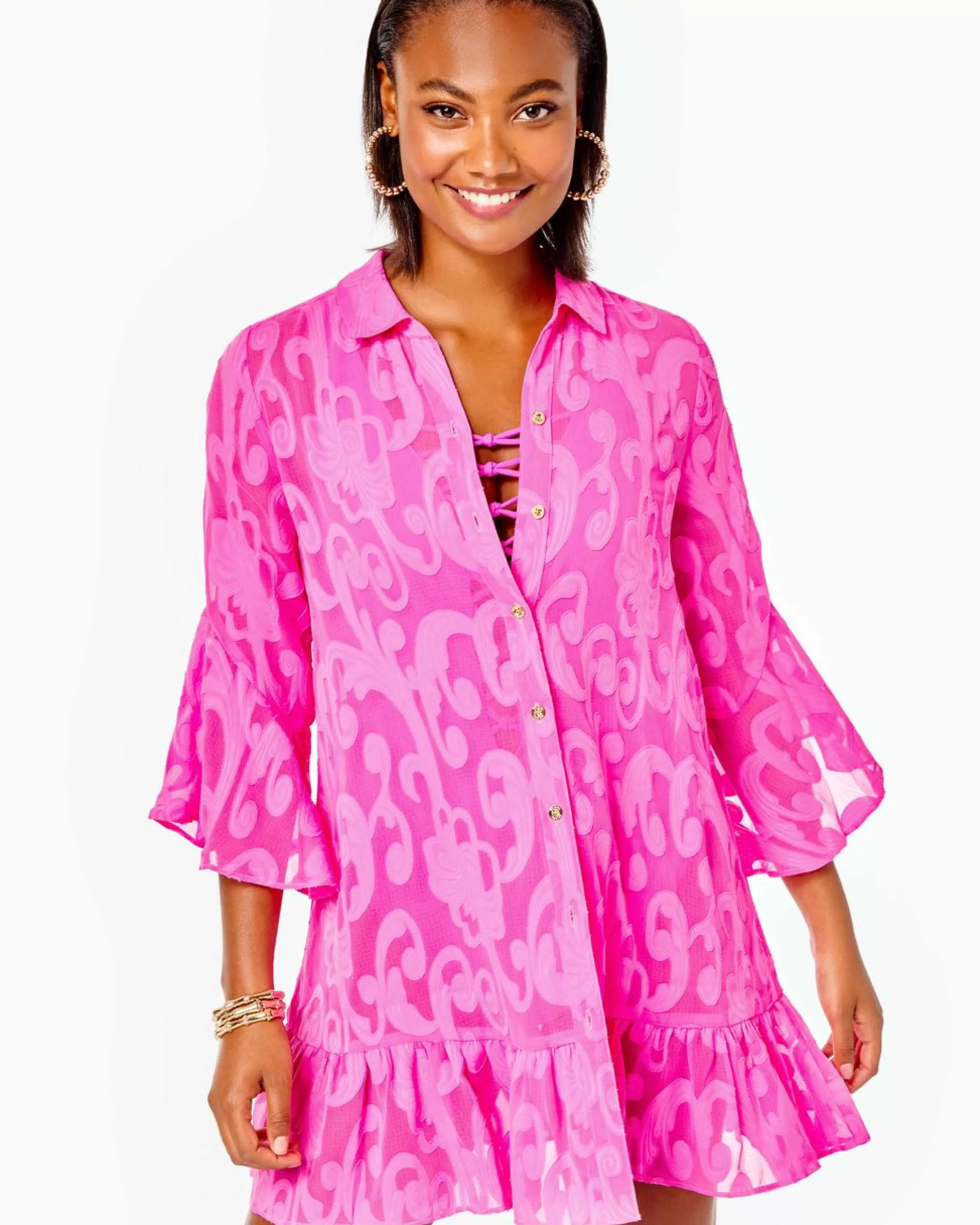 Outlet Lilly Pulitzer Linley Coverup Plumeria Pink Poly Crepe Swirl Clip