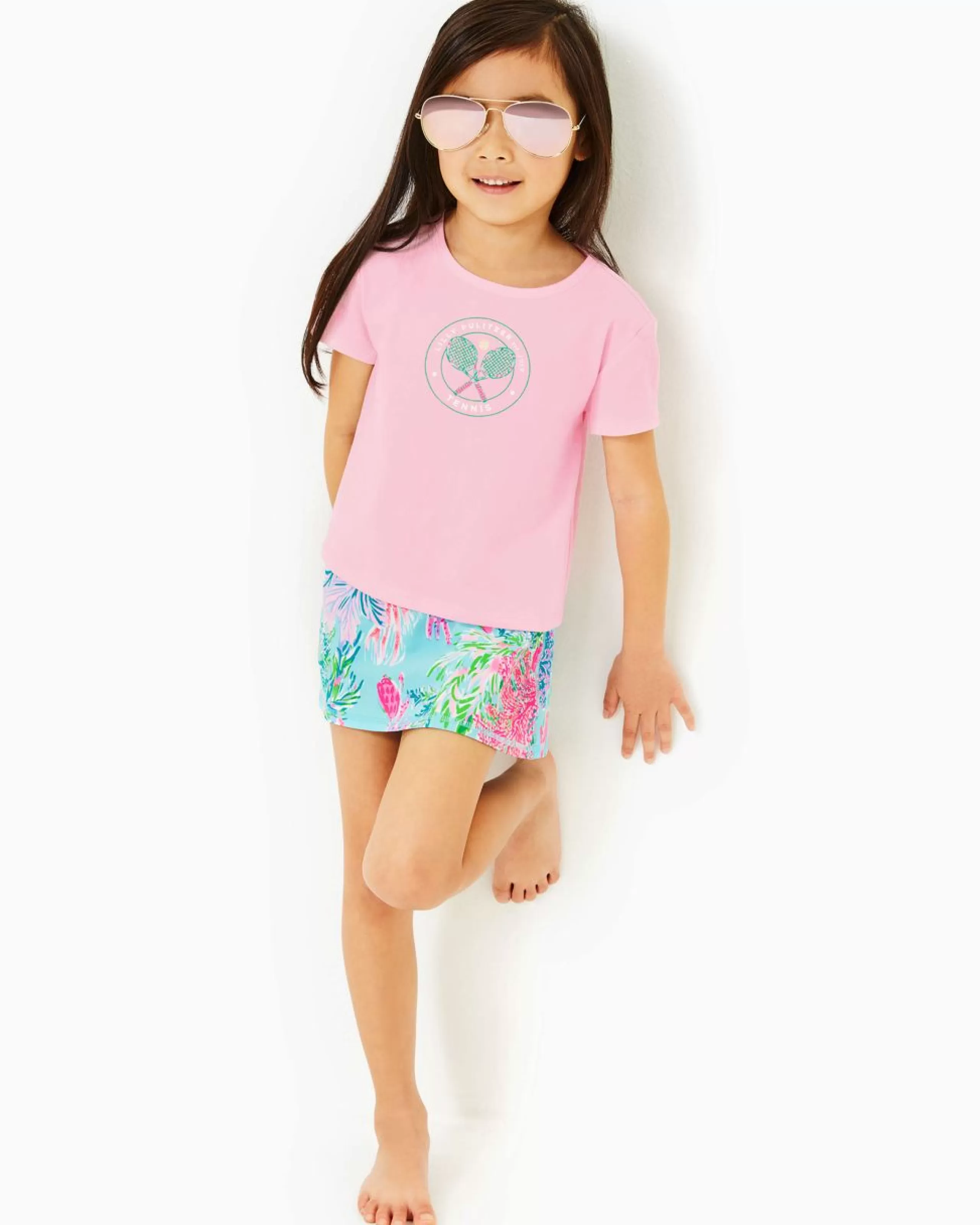 Store Lilly Pulitzer Luxletic Girls Mini Rally Tee Peony Pink Holding Court Tennis Graphic Kids