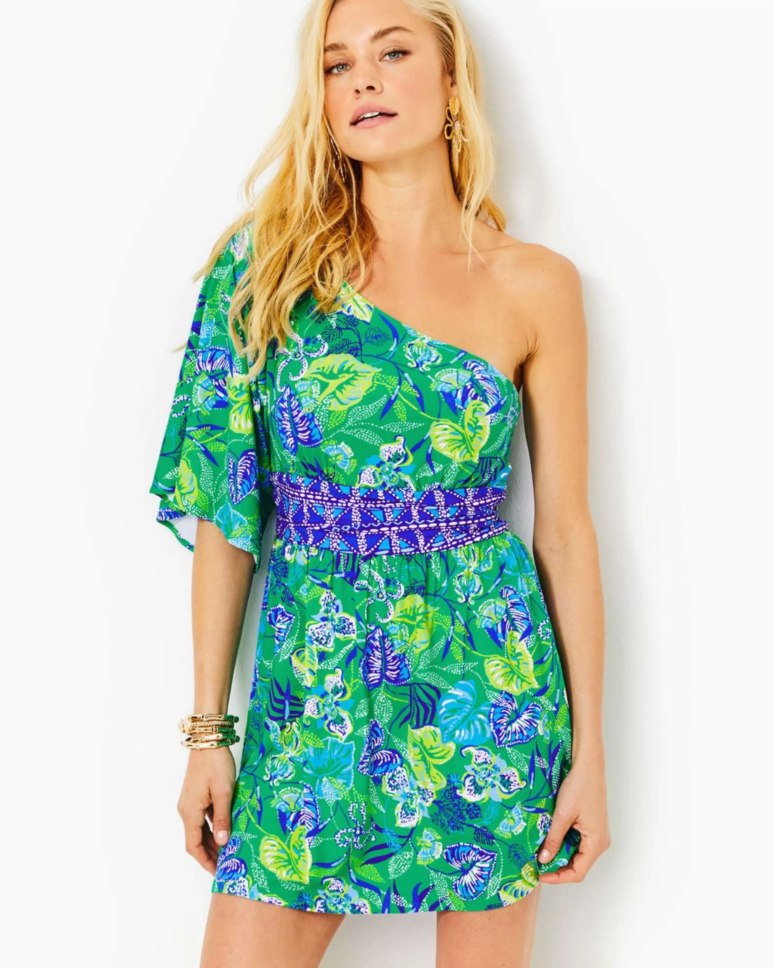 New Lilly Pulitzer Niki One-Shoulder Romper Botanical Green In A Flutter Engineered Romper