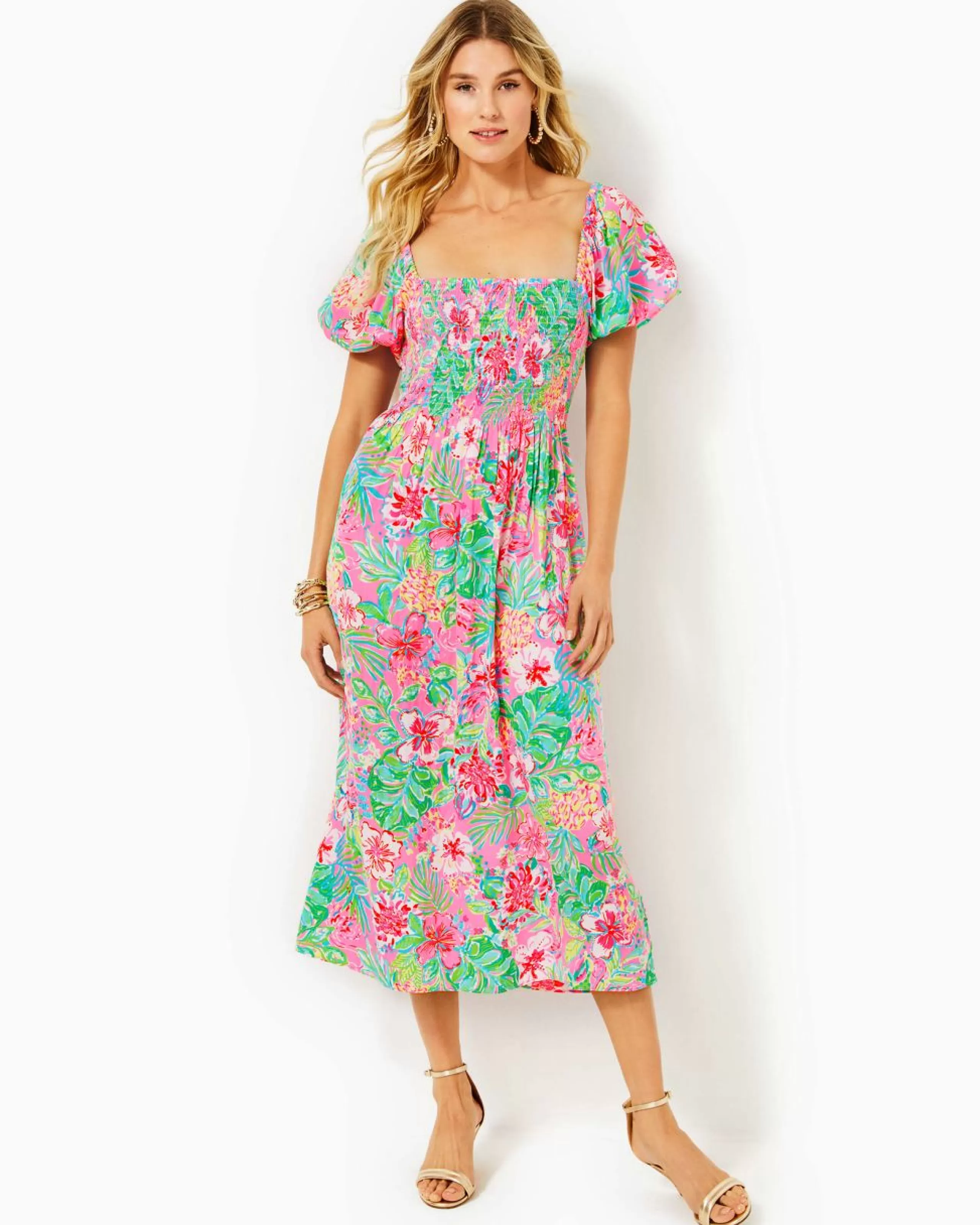 Clearance Lilly Pulitzer Selah Short Sleeve Smocked Midi Dress Multi Journey To The Jungle