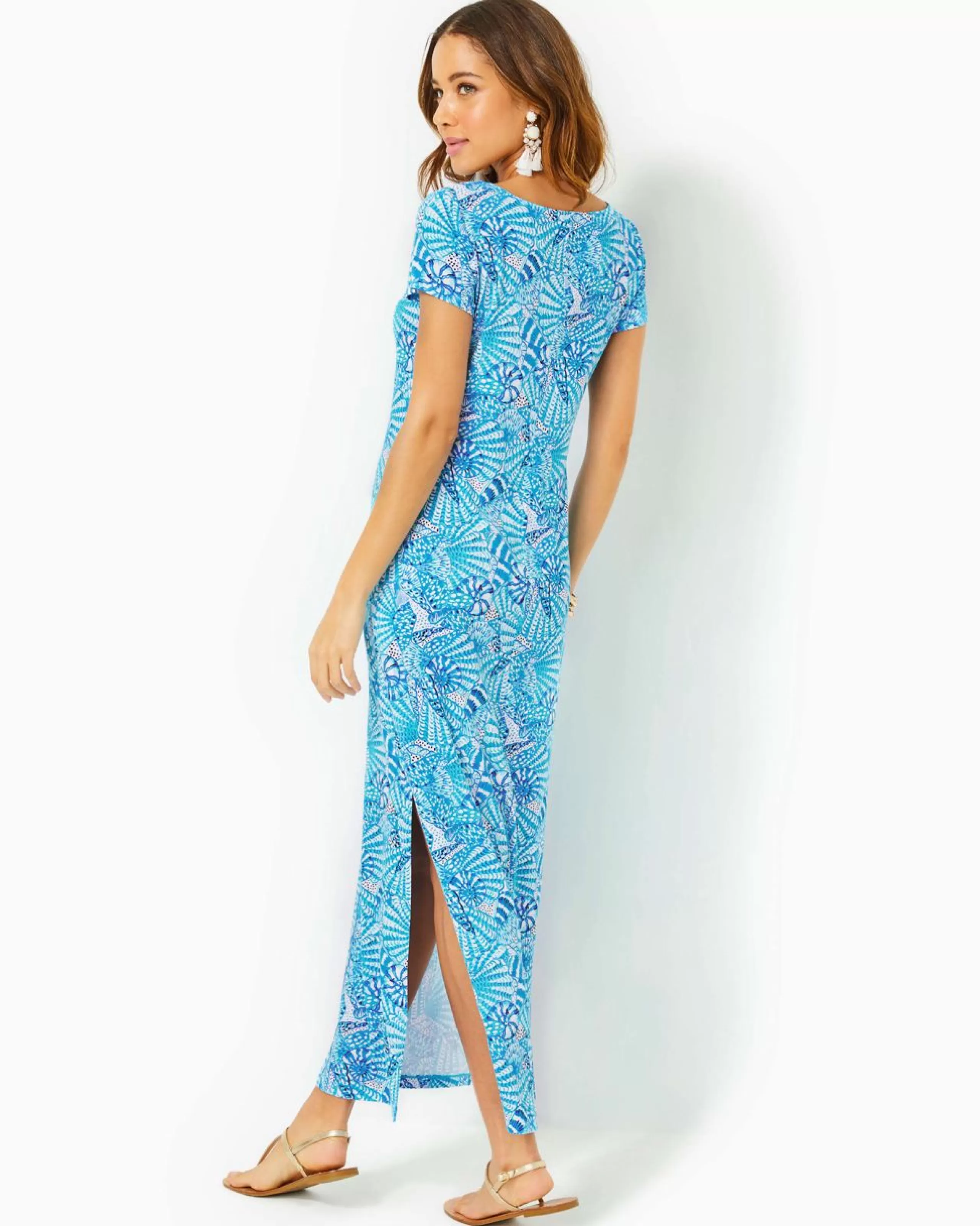 Hot Lilly Pulitzer Upf 50+ Sophiletta Short Sleeve Maxi Dress Amalfi Blue By The Seashore Engineered Maxi Dress