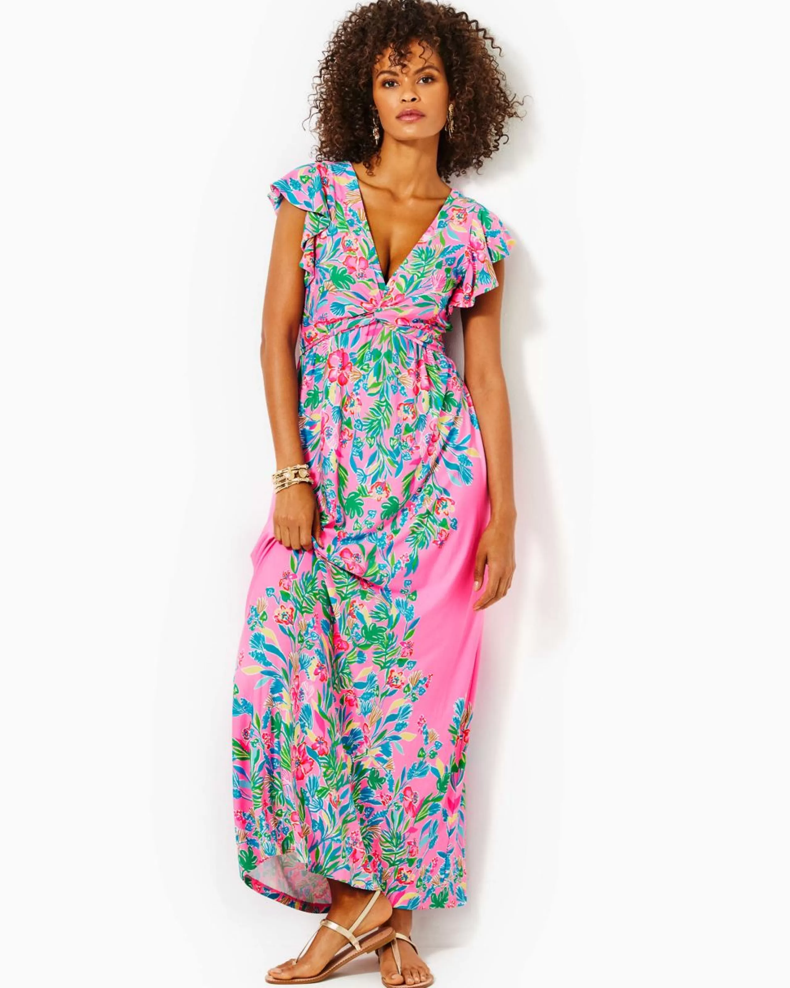 Flash Sale Lilly Pulitzer Verona Flutter Sleeve Maxi Dress Havana Pink Casa Jaguar Engineered Maxi Dress