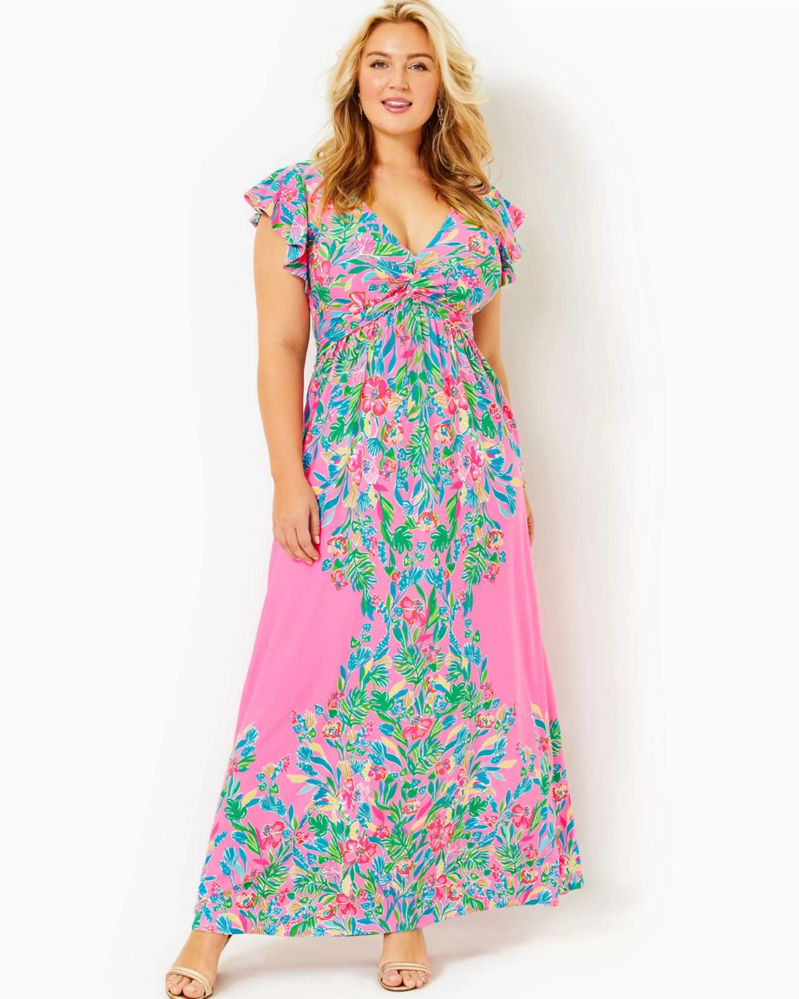 Flash Sale Lilly Pulitzer Verona Flutter Sleeve Maxi Dress Havana Pink Casa Jaguar Engineered Maxi Dress